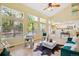 Sunlit living room boasts vaulted ceilings, large windows, and a modern design with stylish decor at 15597 E Dorado Ave, Centennial, CO 80015