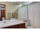 Well-lit bathroom with a vanity, sink, mirror, and shower with curtain at 10032 Astoria Ct, Lone Tree, CO 80124