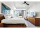 Bedroom featuring a spacious layout with a king bed, dresser, and views of the city at 1750 Wewatta St # 627, Denver, CO 80202