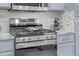 A close view of a stainless steel gas range and light blue cabinets in the modern kitchen at 1061 S Yampa St # C, Aurora, CO 80017