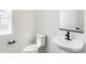 Powder room featuring modern fixtures, a pedestal sink, and a toilet at 4451 Soapberry Pl, Castle Rock, CO 80108