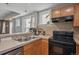 Functional kitchen featuring tile backsplash, stainless steel sink, and black oven at 1580 N Franklin St, Denver, CO 80218