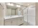 Modern bathroom with double sink vanity, sleek mirror, and glass-enclosed shower space at 18358 Field Mint Pt, Parker, CO 80134