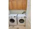 Laundry room with washer, dryer and wood cabinets at 13349 Krameria St, Thornton, CO 80602