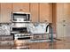 Kitchen featuring stainless steel appliances, modern cabinets, dark countertop, and single basin sink at 17822 E 107Th Pl, Commerce City, CO 80022