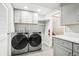 Well-organized laundry room with modern machines, gray cabinets, and a clean aesthetic at 1292 W 133Rd Cir, Westminster, CO 80234
