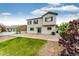 A well-maintained backyard with a lush lawn and an expansive patio at 3841 Colorful Ln, Castle Rock, CO 80109