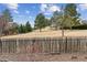 A fenced backyard features mature trees and a path at 10825 Mount Antero Way, Parker, CO 80138