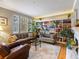 Bright living room featuring built-in bookshelves, fireplace, and comfortable seating area at 8985 E 29Th Pl, Denver, CO 80238