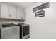 Well-organized laundry room featuring modern washer and dryer units, shelving, and ample storage space at 2040 Rosette Pl, Castle Rock, CO 80104