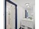 Modern bathroom featuring a white vanity with storage, mirror, and open view to a shower area at 4842 Steele St, Denver, CO 80216