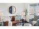 Cozy living room features a brown leather couch, round mirror, and ample natural light at 4842 Steele St, Denver, CO 80216