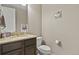 Tastefully designed half-bathroom features a granite countertop, stylish fixtures, and a modern toilet at 8182 Grady Cir, Castle Rock, CO 80108