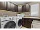 Organized laundry room equipped with modern appliances, ample storage cabinets, and a practical sink at 8182 Grady Cir, Castle Rock, CO 80108