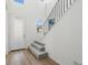 Bright entryway with a white walls, wooden floors, carpeted stairs, and modern railing at 928 Farrier Ln, Lafayette, CO 80026