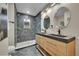 Modern bathroom features a sleek dual sink vanity, stylish lighting, and a luxurious walk-in shower with contemporary finishes at 1596 S Stuart St, Denver, CO 80219