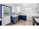 Renovated kitchen with stainless steel appliances, white countertops, blue cabinets, and sleek, modern design at 1549 S Evanston St, Aurora, CO 80012