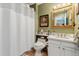 Well-lit bathroom featuring a white vanity, toilet, and a shower with a white curtain at 9117 Nambe Trl, Lone Tree, CO 80124