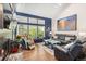 Cozy living room with a large windows, comfortable seating, a fireplace, and contemporary decor at 9117 Nambe Trl, Lone Tree, CO 80124