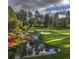 Picturesque golf course with a water feature, lush greenery, and mature trees under a cloudy sky at 6840 Northstar Cir, Castle Rock, CO 80108
