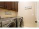 Laundry room equipped with front loading washer and dryer and upper cabinets at 6840 Northstar Cir, Castle Rock, CO 80108