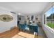Bright living room featuring hardwood floors, large windows, and stylish blue velvet furniture and modern decor at 7486 S Washington St, Centennial, CO 80122