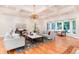 Bright living room featuring hardwood floors, fireplace, coffered ceiling, and expansive windows at 4800 S Franklin St, Cherry Hills Village, CO 80113