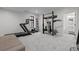 Home gym with a treadmill, weight rack, and a view into the attached bathroom at 1085 S Cook St, Denver, CO 80209