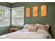 Comfortable bedroom featuring carpeted floors, two windows, ceiling fan and decorative wall art at 60 Vrain St, Denver, CO 80219