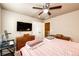 Well-lit bedroom featuring ceiling fan, comfortable carpet, and closet at 2177 Shadow Creek Dr, Castle Rock, CO 80104