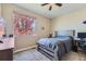 Comfortable bedroom with ample natural light and a view of the exterior tree with autumn foliage at 6673 Mentha Dr, Castle Rock, CO 80108