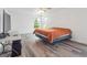 Spacious bedroom featuring a ceiling fan, large windows, and wood floors at 9697 Marmot Ridge Cir, Littleton, CO 80125