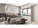 The main bedroom features neutral decor, a large window, and an upholstered bench at the foot of the bed at 433 N Havana # 308, Aurora, CO 80010