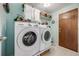 Functional laundry room featuring modern washer and dryer, storage cabinets, and a clean design at 11760 Eudora Ct, Thornton, CO 80233