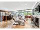Open living room with a fireplace, vaulted ceilings, and hardwood floors at 3792 E Briarwood Ave, Centennial, CO 80122