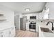 Bright kitchen with modern cabinets, stainless steel appliances, and stylish herringbone backsplash at 3470 S Poplar St # 401, Denver, CO 80224