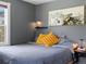Comfortable bedroom with a grey quilt, bright pillows, side table, and an abstract painting that adds style to the decor at 1670 Oakland St, Aurora, CO 80010