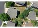 Aerial view showcasing a large backyard, mature trees, and a private setting at 12535 S Beaver Creek Way, Parker, CO 80134