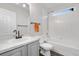 Bathroom featuring a vanity with marble countertops, a toilet, and a shower with a tub at 2119 W 101St Cir, Thornton, CO 80260