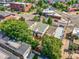 An aerial view of a home with mature trees, nearby businesses and a view of the surrounding neighborhood at 1024 34Th St, Denver, CO 80205