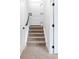 Carpeted stairway with white walls, modern black hardware, and crisp white doors provides an inviting passage between floors at 385 East St, Louisville, CO 80027