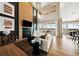 Elegant living room featuring a fireplace, high ceilings, large windows, and sliding glass doors at 8958 Whiteclover St, Littleton, CO 80125