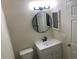 Modern bathroom with white vanity and round mirror at 9659 W Chatfield Ave # C, Littleton, CO 80128