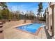 Backyard view of the in-ground pool with a stone patio, surrounded by lush landscaping at 2111 E Alameda Ave, Denver, CO 80209