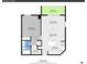 Floorplan showing layout of living room, balcony, bedroom, walk-in closet, bath, dining area and kitchen at 1301 Speer Blvd # 1008, Denver, CO 80204
