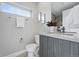 Bathroom features modern sink with light gray drawers, toilet, and towel rack at 2223 W 34Th Ave, Denver, CO 80211