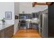 Modern kitchen with stainless steel appliances and grey cabinetry, offering a sleek design and functionality at 1555 California St # 414, Denver, CO 80202