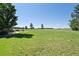 The backyard features a large, well-maintained lawn with a patio set, ideal for outdoor gatherings and enjoying the scenic views at 2550 Gold Creek Dr, Elizabeth, CO 80107