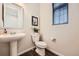 Cozy powder room features a pedestal sink, modern toilet, and stylish artwork at 147 Silver Rock Trl, Castle Rock, CO 80104
