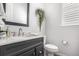 Stylish half bath with modern fixtures, vanity with quartz countertop, and decorative wall hanging at 10524 Eby Cir, Lone Tree, CO 80124
